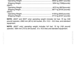 May include: A page from a specification document titled "OPERATING WEIGHTS." It lists operating and shipping weights in kilograms and pounds for three machine models: 85XT, 90XT, and 95XT. Additional notes detail included components.