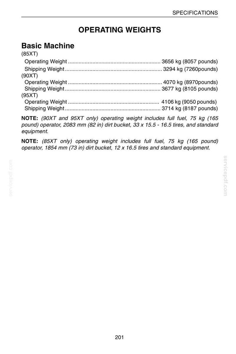 May include: A page from a specification document titled "OPERATING WEIGHTS." It lists operating and shipping weights in kilograms and pounds for three machine models: 85XT, 90XT, and 95XT. Additional notes detail included components.