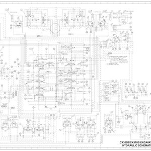 Peut inclure: Sch&eacute;ma technique en noir et blanc du syst&egrave;me hydraulique d'une excavatrice CX350B/CX370B. Le diagramme pr&eacute;sente de nombreuses lignes, cercles et symboles. Le texte en bas indique "HYDRAULIC SCHEMATIC" et "KSJ12480-E09".