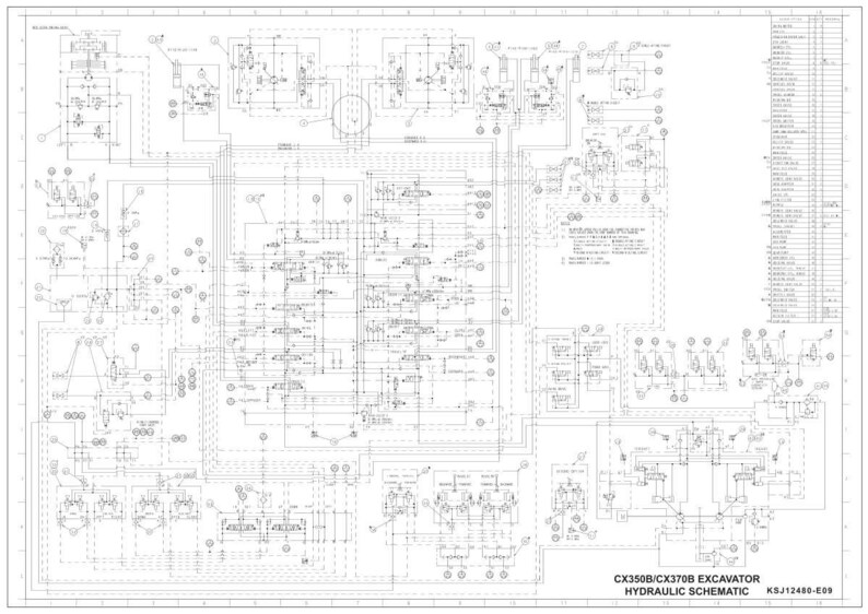 Peut inclure: Sch&eacute;ma technique en noir et blanc du syst&egrave;me hydraulique d'une excavatrice CX350B/CX370B. Le diagramme pr&eacute;sente de nombreuses lignes, cercles et symboles. Le texte en bas indique "HYDRAULIC SCHEMATIC" et "KSJ12480-E09".