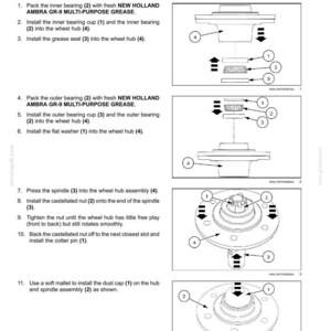 May include: Diagram of an endwise transport system wheel hub assembly, illustrating the assembly process with numbered components and arrows. Includes instructions for packing bearings, installing cups, and securing with a nut and cotter pin.