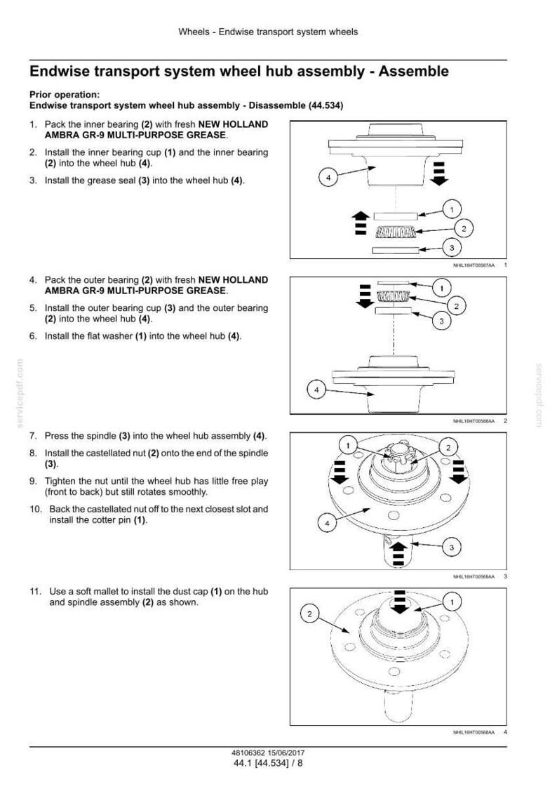 May include: Diagram of an endwise transport system wheel hub assembly, illustrating the assembly process with numbered components and arrows. Includes instructions for packing bearings, installing cups, and securing with a nut and cotter pin.