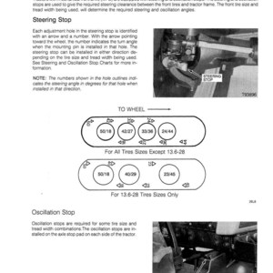 Puede incluir: Un diagrama t&eacute;cnico que detalla los topes de direcci&oacute;n y oscilaci&oacute;n para tractores. El diagrama incluye ilustraciones de los componentes del tope de direcci&oacute;n, con texto que explica su funci&oacute;n y ajuste. Tambi&eacute;n incluye tablas de tama&ntilde;os de neum&aacute;ticos y &aacute;ngulos.