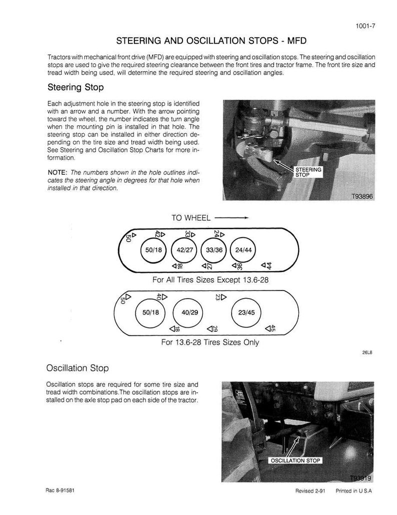 Puede incluir: Un diagrama t&eacute;cnico que detalla los topes de direcci&oacute;n y oscilaci&oacute;n para tractores. El diagrama incluye ilustraciones de los componentes del tope de direcci&oacute;n, con texto que explica su funci&oacute;n y ajuste. Tambi&eacute;n incluye tablas de tama&ntilde;os de neum&aacute;ticos y &aacute;ngulos.