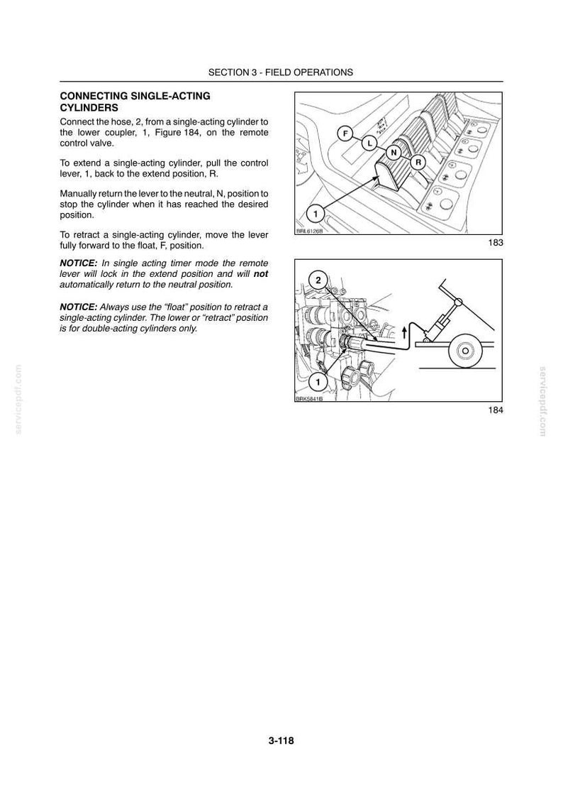 Peut inclure: Une page de manuel technique intitul&eacute;e SECTION 3 - FIELD OPERATIONS, d&eacute;taillant les instructions pour connecter des v&eacute;rins &agrave; simple effet. Elle comprend deux dessins au trait en noir et blanc num&eacute;rot&eacute;s 183 et 184, montrant les leviers.