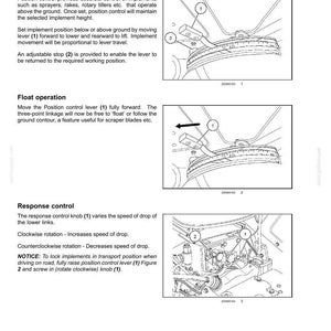 K&ouml;nnte beinhalten: Eine Seite aus einem technischen Handbuch mit dem Titel 6 - WORKING OPERATIONS, die das System f&uuml;r geregelten/niedrigen Druck beschreibt. Sie enth&auml;lt Diagramme eines Positionssteuerungshebels, eines Anschlags und eines Drehknopfes.