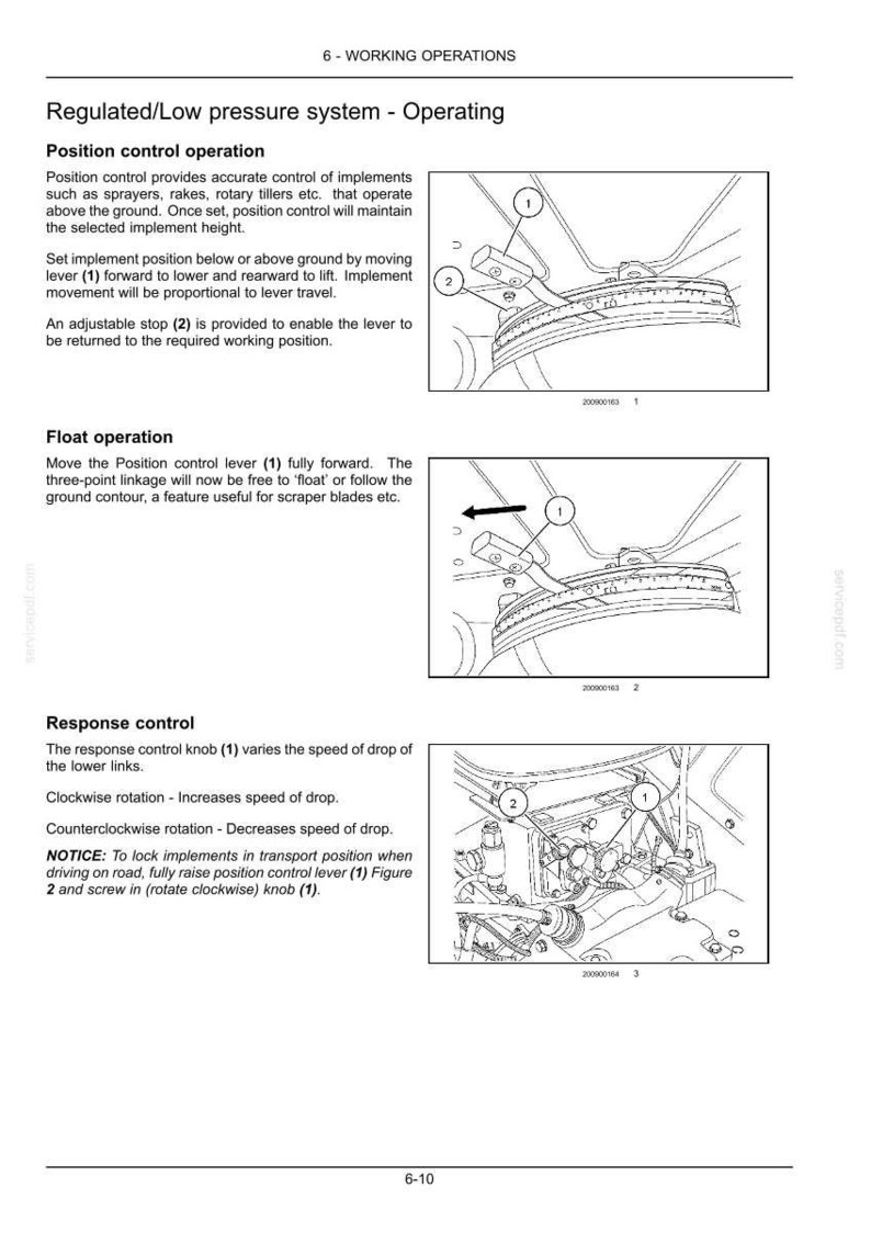 K&ouml;nnte beinhalten: Eine Seite aus einem technischen Handbuch mit dem Titel 6 - WORKING OPERATIONS, die das System f&uuml;r geregelten/niedrigen Druck beschreibt. Sie enth&auml;lt Diagramme eines Positionssteuerungshebels, eines Anschlags und eines Drehknopfes.