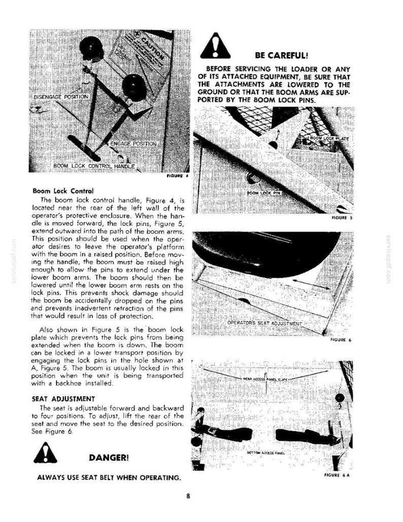 May include: A technical manual page featuring black and white diagrams labeled Figure 4, 5, 6, and 6A. The text provides instructions for operating a boom lock control, boom lock pins, and seat adjustment for a loader, including safety warnings.