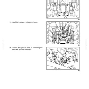 May include: A technical manual page titled SECTION 21 - TRANSMISSION SYSTEM - CHAPTER 1, featuring three black and white line drawings of tractor maintenance steps, including jack stands, splitting trolley, three point linkages, and hydraulic lines.