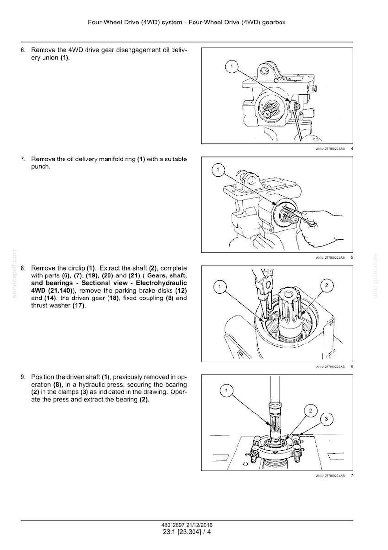 May include: Diagram of a four-wheel drive (4WD) gearbox, with numbered components and instructions for disassembly and reassembly. Includes close-up views of parts and tools. Text includes instructions for removing and positioning parts.