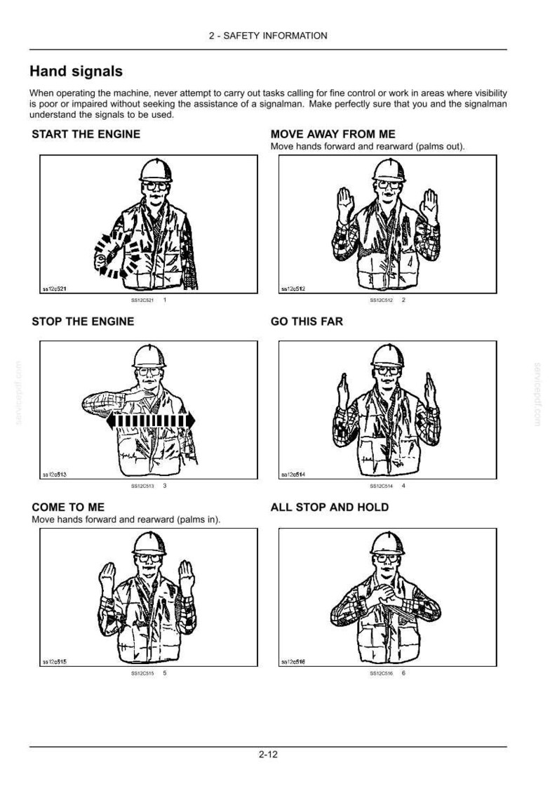 May include: Page from a manual showing hand signals for operating machinery. Illustrations depict a person in a hard hat demonstrating various signals, including "Start the Engine," "Move Away From Me," and "Stop the Engine."