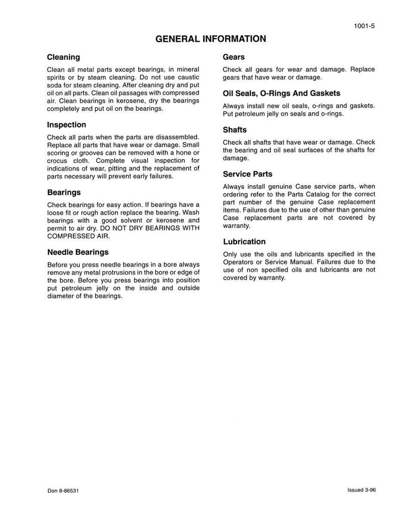 May include: A page from a manual titled "GENERAL INFORMATION" with sections on cleaning, inspection, bearings, and gears. The text provides instructions for maintenance and replacement of parts. The document number is 1001-5.