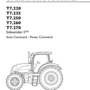 Peut inclure: Un manuel d'utilisation pour les tracteurs New Holland Agriculture, mod&egrave;les T7.220, T7.235, T7.250, T7.260 et T7.270. La couverture pr&eacute;sente un dessin au trait noir et blanc d'un tracteur, le texte Sidewinder II, Auto Command, Power Command et le num&eacute;ro de pi&egrave;ce 84360370.