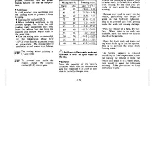 May include: A technical manual page titled COLD WEATHER OPERATION containing instructions for fuel, grease, and antifreeze maintenance. It includes a table showing mixing ratios for water and LLC, plus precautions for vehicle storage and battery care.