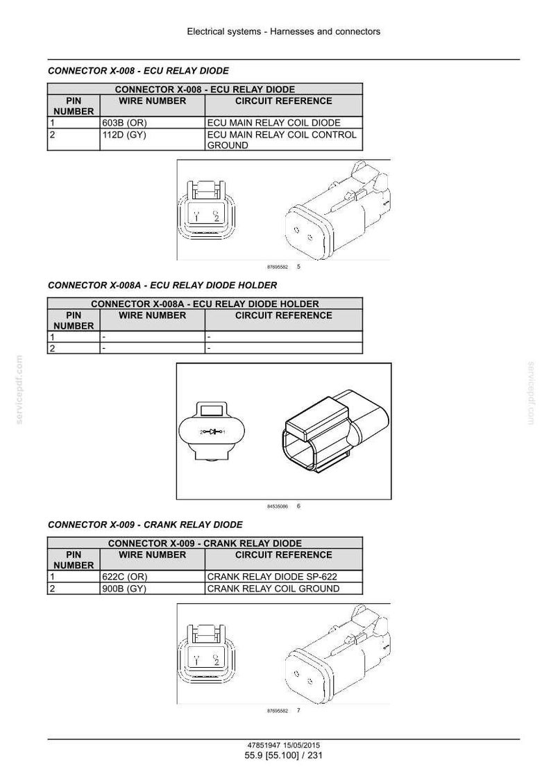 May include: Diagram of electrical connectors, including ECU relay diodes and holders, and a crank relay diode. The image includes tables with pin numbers, wire numbers, and circuit references. The connectors are shown in both diagrammatic and 3D views.