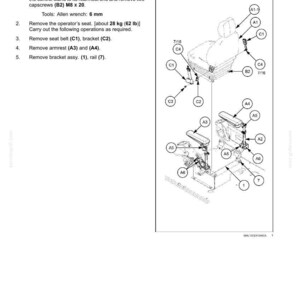 May include: Diagram of an operator seat removal procedure, with numbered steps and component labels. Includes Allen wrench size, seat weight (62 lb), and part references like bracket and rail.