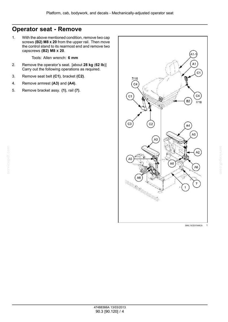 May include: Diagram of an operator seat removal procedure, with numbered steps and component labels. Includes Allen wrench size, seat weight (62 lb), and part references like bracket and rail.