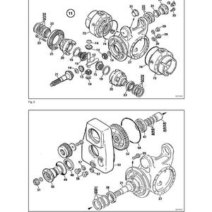 Puede incluir: P&aacute;gina de manual t&eacute;cnico con diagramas detallados de un conjunto de transmisi&oacute;n por eje. Los diagramas muestran varios componentes, incluyendo engranajes, rodamientos y carcasas, con etiquetas y n&uacute;meros de pieza para cada pieza. La imagen es en blanco y negro.