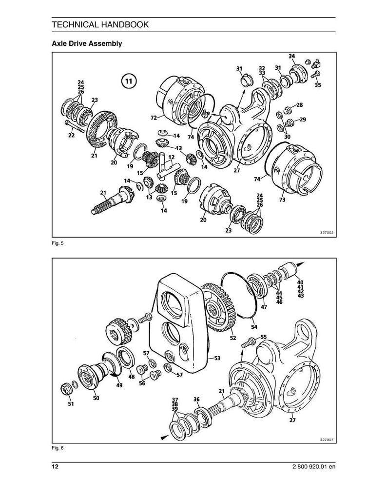 Puede incluir: P&aacute;gina de manual t&eacute;cnico con diagramas detallados de un conjunto de transmisi&oacute;n por eje. Los diagramas muestran varios componentes, incluyendo engranajes, rodamientos y carcasas, con etiquetas y n&uacute;meros de pieza para cada pieza. La imagen es en blanco y negro.