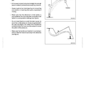 K&ouml;nnte beinhalten: Diagramm aus einem Handbuch mit Richtlinien zur Schlauchinstallation. Das Bild enth&auml;lt Illustrationen der korrekten und inkorrekten Schlauchplatzierung, mit Beschriftungen wie "Wrong" und "Correct". Text liefert Anweisungen zur Schlauchpositionierung und Bandinstallation.