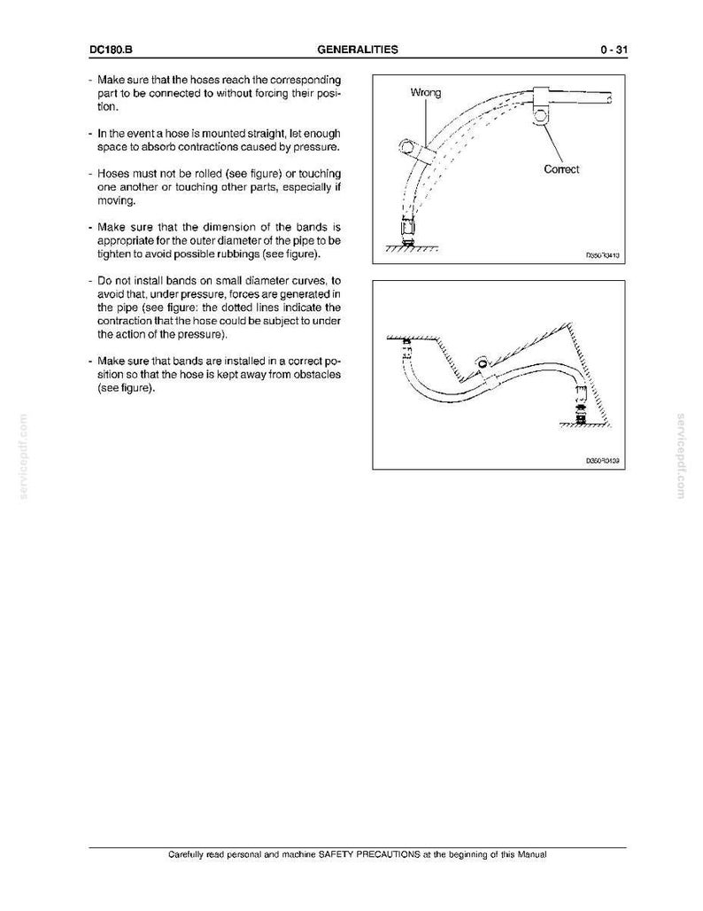 K&ouml;nnte beinhalten: Diagramm aus einem Handbuch mit Richtlinien zur Schlauchinstallation. Das Bild enth&auml;lt Illustrationen der korrekten und inkorrekten Schlauchplatzierung, mit Beschriftungen wie "Wrong" und "Correct". Text liefert Anweisungen zur Schlauchpositionierung und Bandinstallation.