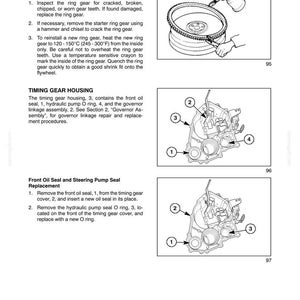 May include: Diagrams from a manual detailing engine and fuel systems. Includes instructions for flywheel ring gear replacement, timing gear housing components, and front oil seal replacement. The diagrams show engine parts with numbered labels.
