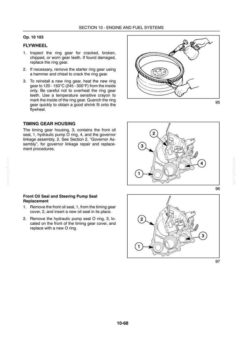 May include: Diagrams from a manual detailing engine and fuel systems. Includes instructions for flywheel ring gear replacement, timing gear housing components, and front oil seal replacement. The diagrams show engine parts with numbered labels.