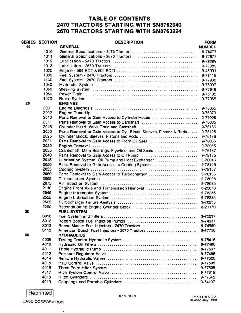 May include: Table of Contents for 2470 and 2670 Tractors, starting with SN8762940 and SN8763224. Includes sections on general specifications, engines, fuel systems, and hydraulics. Printed in the U.S.A. in July 1981.