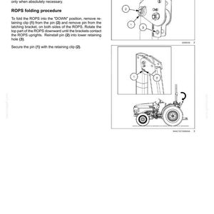 Puede incluir: Una p&aacute;gina de manual t&eacute;cnico titulada 3 - CONTROLS AND INSTRUMENTS que detalla el procedimiento de plegado del ROPS. Incluye dibujos lineales en blanco y negro de un tractor, un mecanismo ROPS con las piezas numeradas 1, 2 y 3, y texto instructivo.