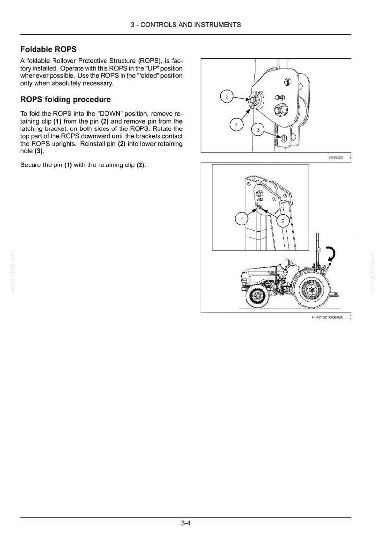 Puede incluir: Una p&aacute;gina de manual t&eacute;cnico titulada 3 - CONTROLS AND INSTRUMENTS que detalla el procedimiento de plegado del ROPS. Incluye dibujos lineales en blanco y negro de un tractor, un mecanismo ROPS con las piezas numeradas 1, 2 y 3, y texto instructivo.