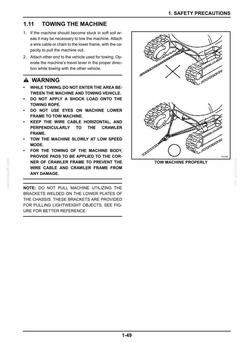 May include: Diagram illustrating the proper method for towing a machine, with detailed instructions and safety warnings. The image shows the machine's crawler tracks and the correct placement of the towing cable.