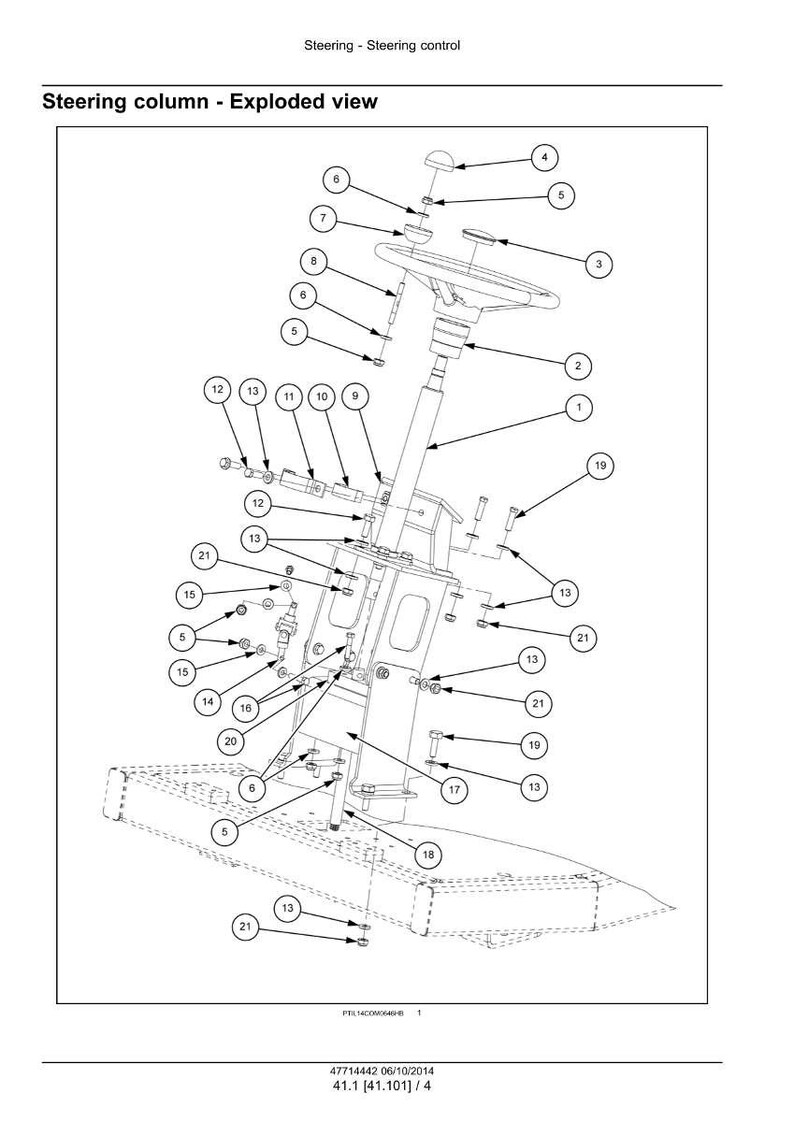 Puede incluir: Un diagrama explosionado de un conjunto de columna de direcci&oacute;n, que muestra varios componentes como el volante, la columna y piezas relacionadas, todos numerados. El texto "Steering column - Exploded view" est&aacute; en la parte superior.