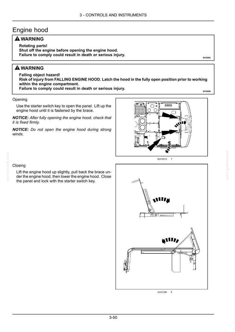 May include: Diagram of an engine hood with instructions for opening and closing. Includes warnings about rotating parts and falling objects. The diagram shows the hood in open and closed positions, with arrows indicating movement.
