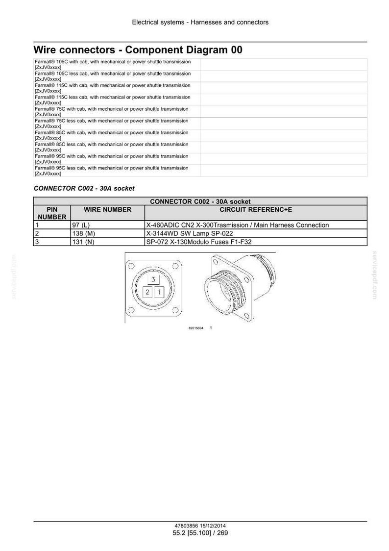 May include: Diagram of wire connectors, component diagram 00, with a table showing pin numbers, wire numbers, and circuit references. Includes a 30A socket diagram with numbered ports and a circular connector.