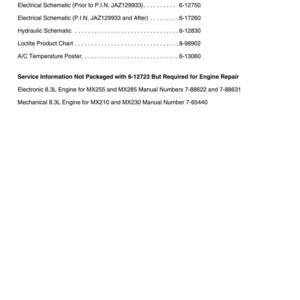 May include: A white document with black text detailing service information for MX Magnum models, including electrical and hydraulic schematics, and engine repair information. The Case IH logo is at the bottom.