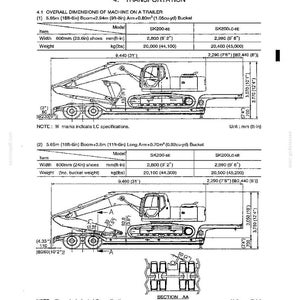 May include: A technical diagram showing the transportation dimensions of an SK200-6E and SK200LC-6E excavator on a trailer. The document includes two detailed side-view schematics with labeled measurements in both metric and imperial units, plus a section view.