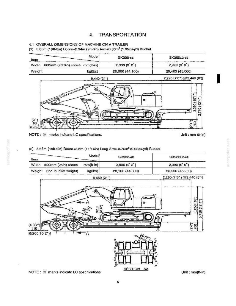 May include: A technical diagram showing the transportation dimensions of an SK200-6E and SK200LC-6E excavator on a trailer. The document includes two detailed side-view schematics with labeled measurements in both metric and imperial units, plus a section view.