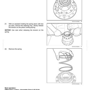 May include: Diagram of front axle components with instructions for removal. Includes images of sun gear, thrust washer, retaining ring, and spring. Text reads "AXLES, BRAKES AND STEERING - FRONT AXLE".