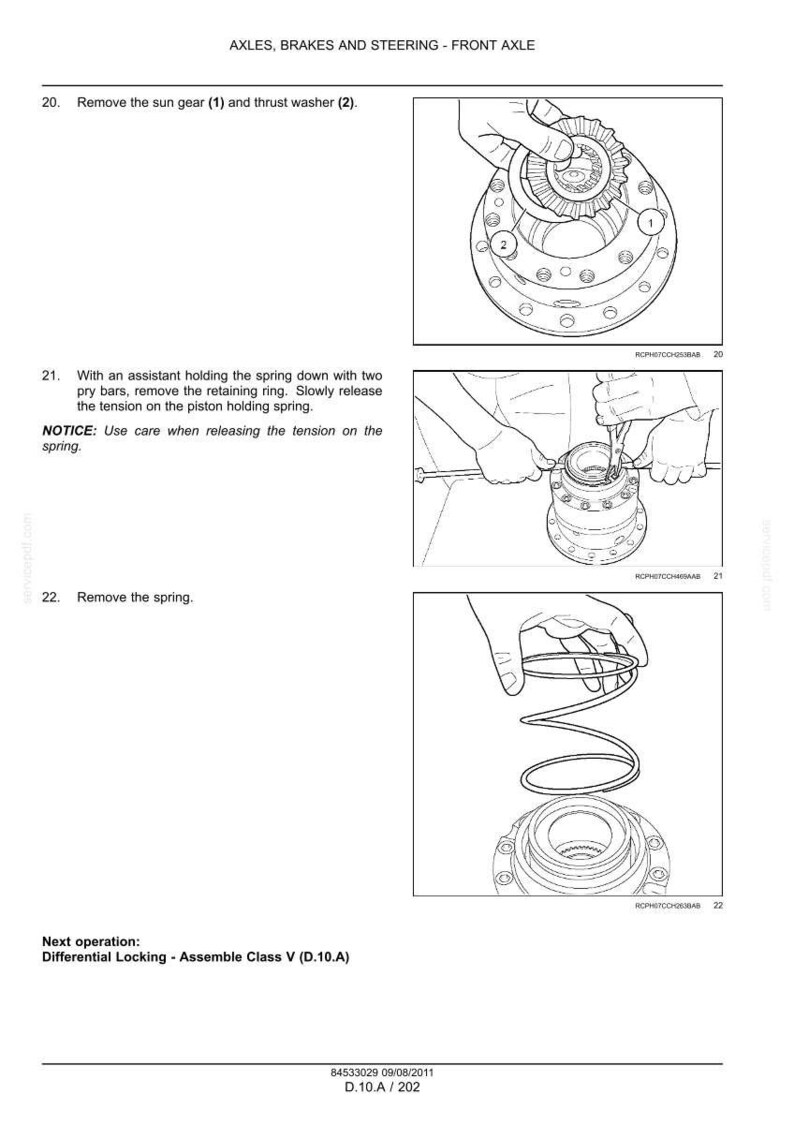 May include: Diagram of front axle components with instructions for removal. Includes images of sun gear, thrust washer, retaining ring, and spring. Text reads "AXLES, BRAKES AND STEERING - FRONT AXLE".