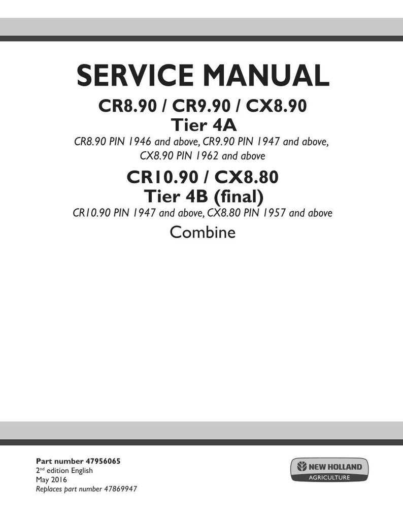 May include: A white service manual cover with black text. The title "SERVICE MANUAL" is at the top, followed by model numbers and "Tier 4A" and "Tier 4B (final)". The New Holland Agriculture logo is in the bottom right corner.