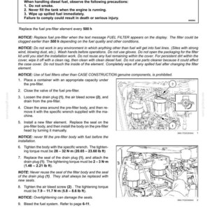 May include: A maintenance manual page detailing fuel pre-filter replacement. The page includes a warning about fire hazards, instructions, and diagrams. It specifies torque values in lb ft and N-m for tightening components. The text also includes safety precautions and notices.