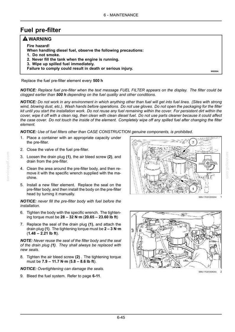May include: A maintenance manual page detailing fuel pre-filter replacement. The page includes a warning about fire hazards, instructions, and diagrams. It specifies torque values in lb ft and N-m for tightening components. The text also includes safety precautions and notices.