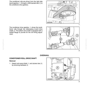 May include: A technical manual page titled SECTION 58 - ATTACHMENTS/HEADERS - CHAPTER 4. It features three black and white diagrams showing a conditioner drive gearbox, U-joint drive shafts, and an anti-wrap shield with numbered components.