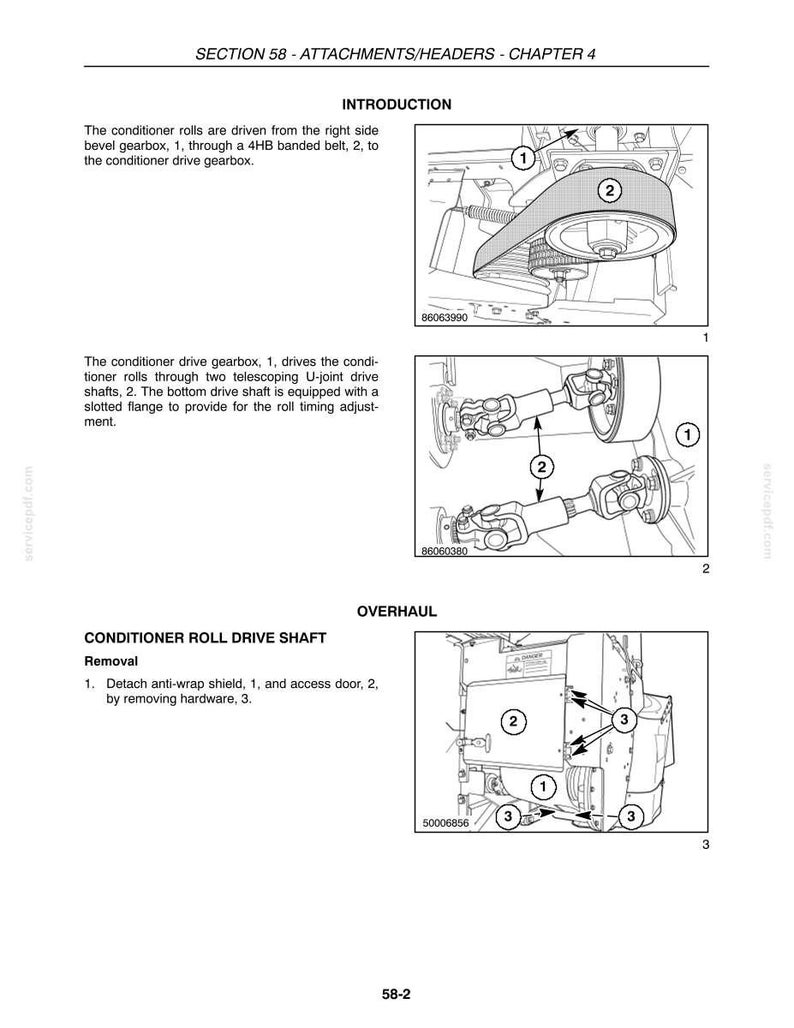 May include: A technical manual page titled SECTION 58 - ATTACHMENTS/HEADERS - CHAPTER 4. It features three black and white diagrams showing a conditioner drive gearbox, U-joint drive shafts, and an anti-wrap shield with numbered components.