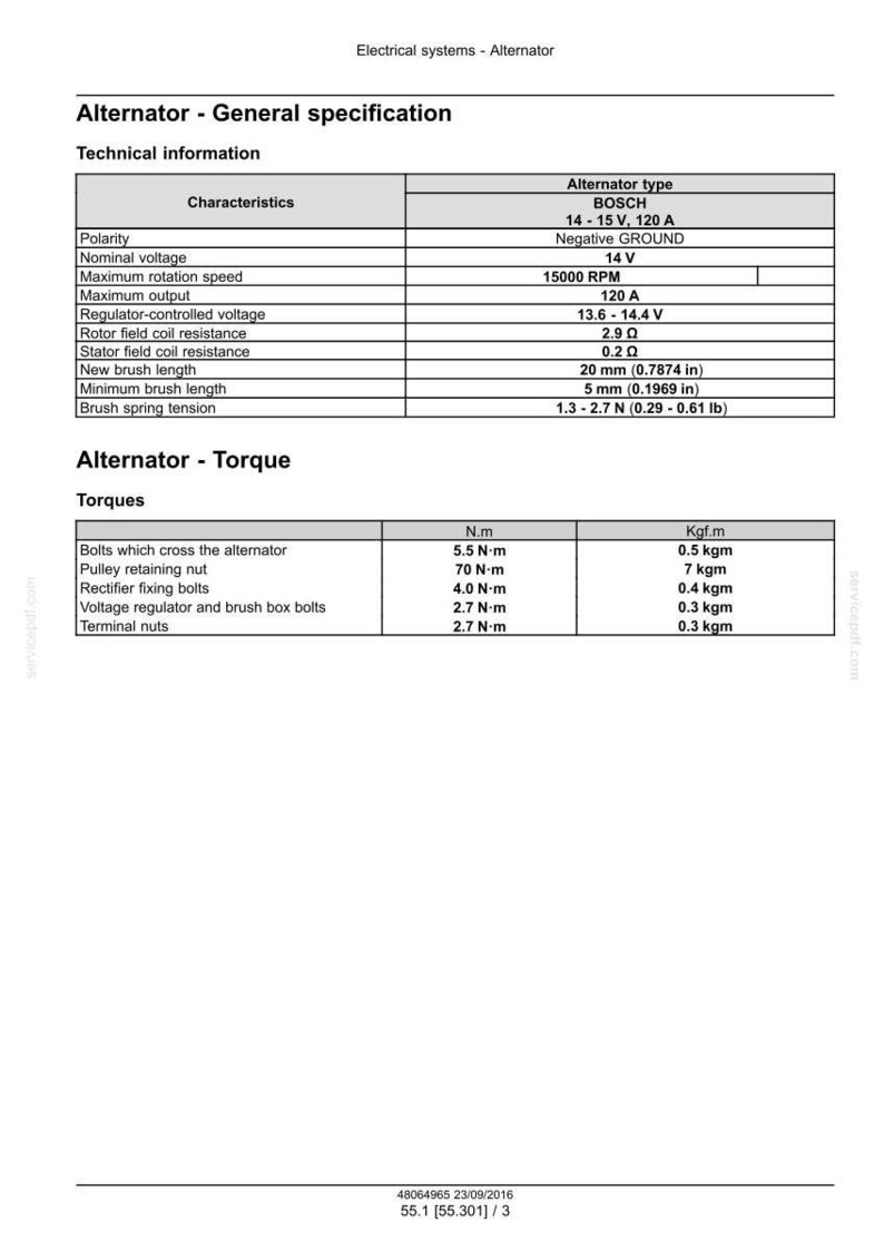 May include: A technical specification sheet for an alternator, detailing characteristics like voltage, rotation speed, and output. Includes torque specifications for bolts and nuts, with measurements in inches and pounds.