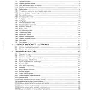 May include: A detailed table of contents from a manual, with sections on safety, controls, and operating instructions. The document is printed on white paper with black text, and includes page numbers and section headings.