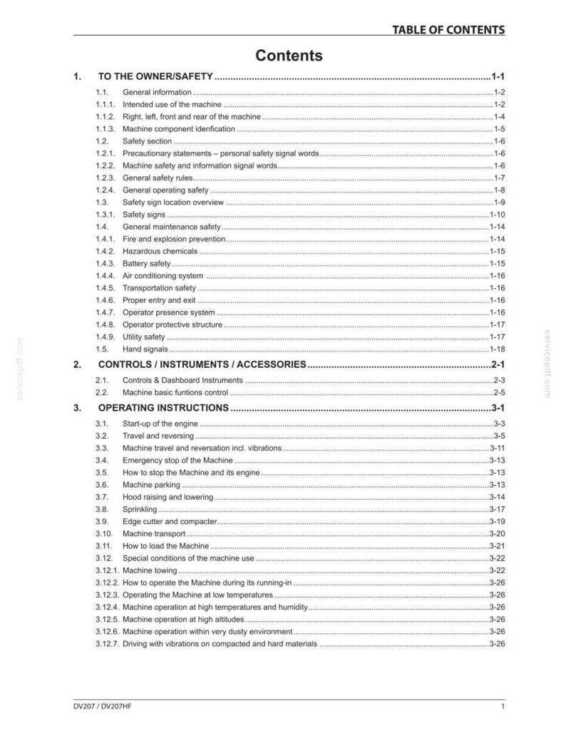 May include: A detailed table of contents from a manual, with sections on safety, controls, and operating instructions. The document is printed on white paper with black text, and includes page numbers and section headings.