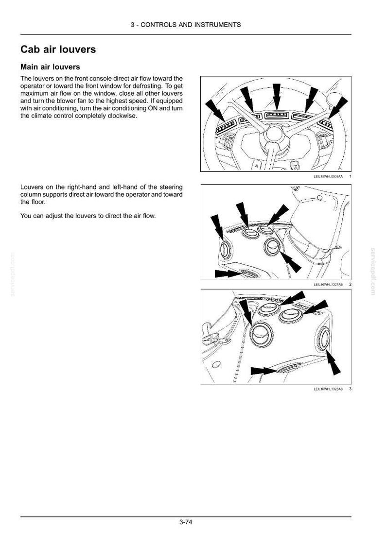 May include: Diagram of a car's dashboard with illustrations of cab air louvers. The image shows the location and function of the louvers, which direct airflow for defrosting and climate control.