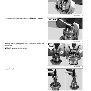 Peut inclure: Diagramme technique en noir et blanc montrant l'assemblage d'un syst&egrave;me d'essieu avant. Le diagramme comprend des instructions textuelles, des r&eacute;glages de couple de 26,2 N-m (19 lb ft) et une temp&eacute;rature de 100&deg;C.