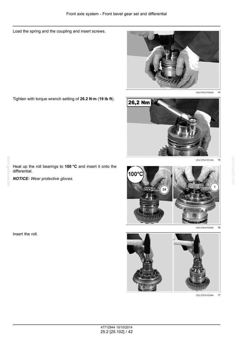 Peut inclure: Diagramme technique en noir et blanc montrant l'assemblage d'un syst&egrave;me d'essieu avant. Le diagramme comprend des instructions textuelles, des r&eacute;glages de couple de 26,2 N-m (19 lb ft) et une temp&eacute;rature de 100&deg;C.